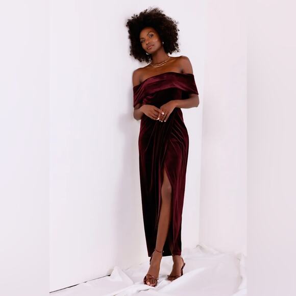Lulus I'm Enchanted Burgundy Velvet Off-the-Shoulder Maxi Dress